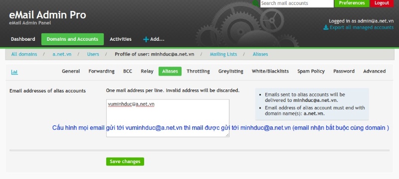 Alias email trong webadmin Email Pro Alias email trong webadmin Email Pro