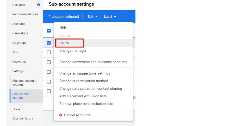Cách hủy liên kết Google MCC