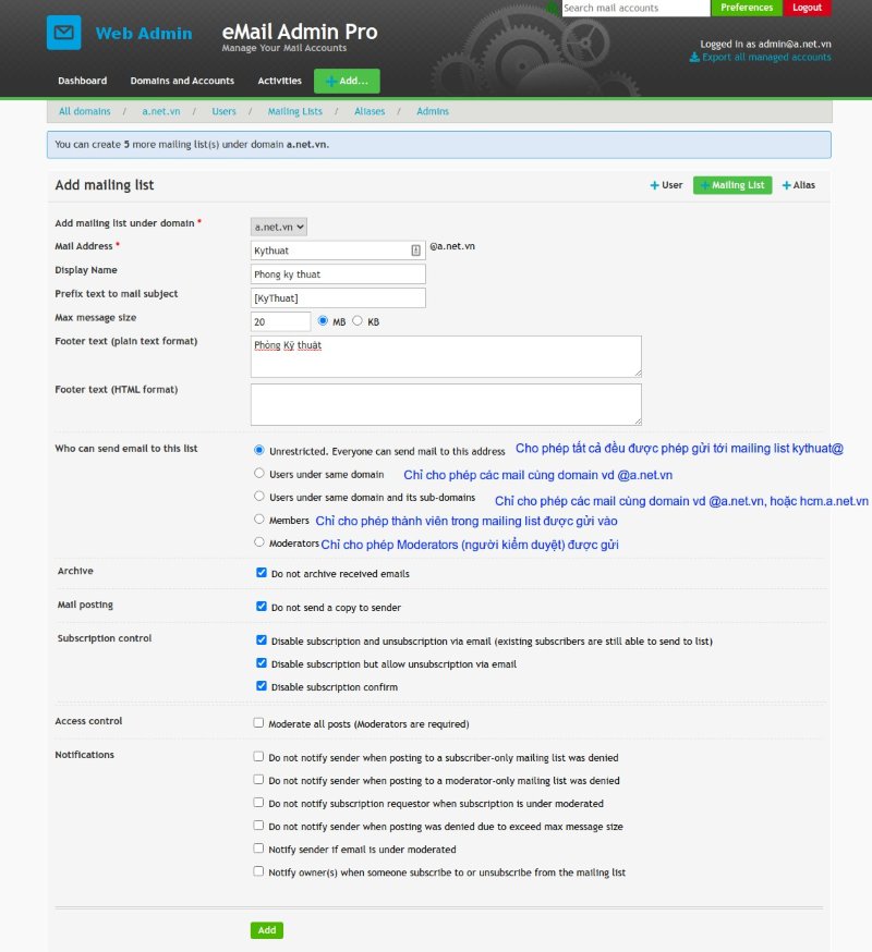 Create mailing list trong webadmin email pro Create mailing list trong webadmin email pro