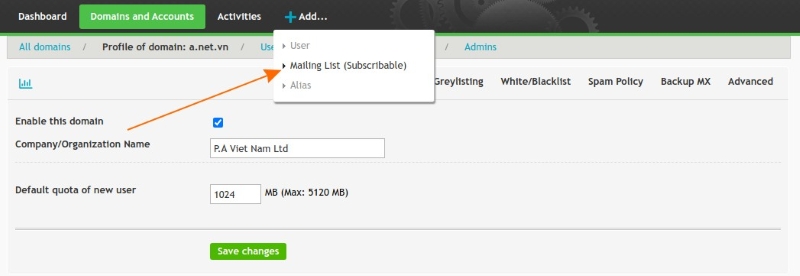 Mailing list trong webadmin email pro Mailing list trong webadmin email pro