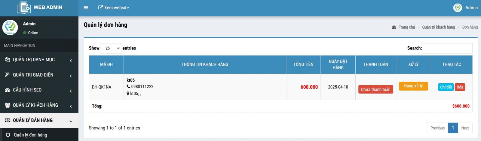 Quản lý đơn hàng trên website
