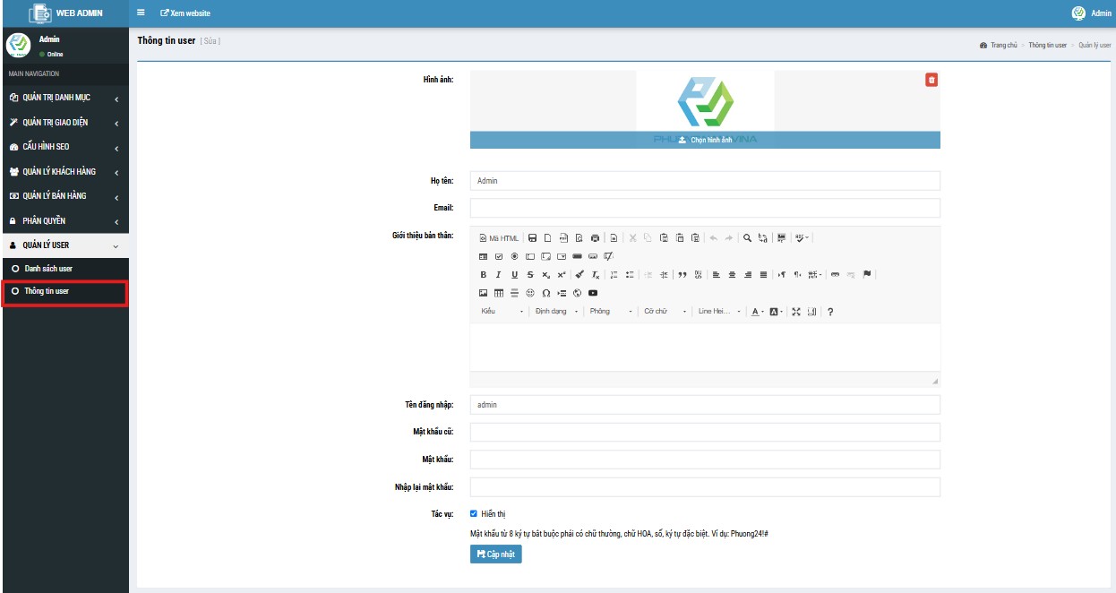 Quản trị thông tin user website